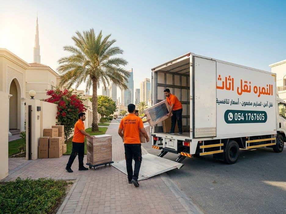 عملية نقل اثاث متكاملة بواسطة فريق وشاحنة شركة النمره في حي سكني بدبي مع أفق المدينة - أفضل شركة نقل اثاث في دبي