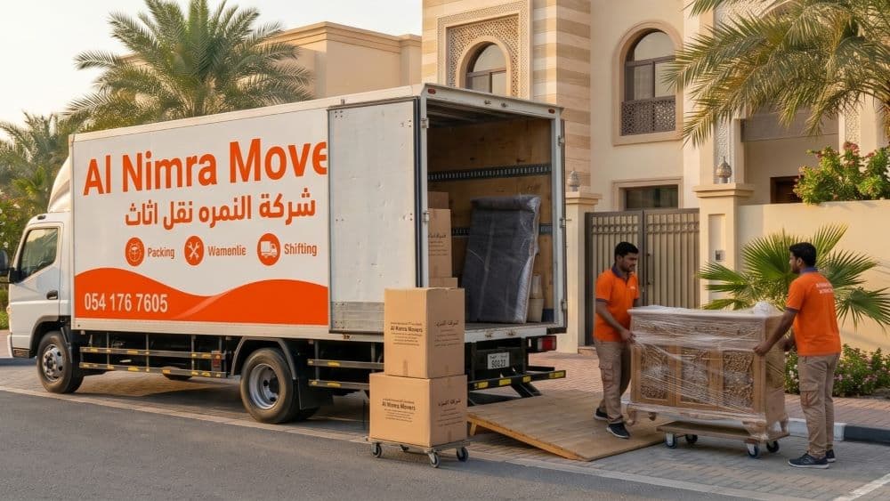 فريق عمل شركة النمره نقل اثاث بالزي الرسمي أمام شاحنة الشركة في دبي - شركة نقل اثاث احترافية وموثوقة في دبي