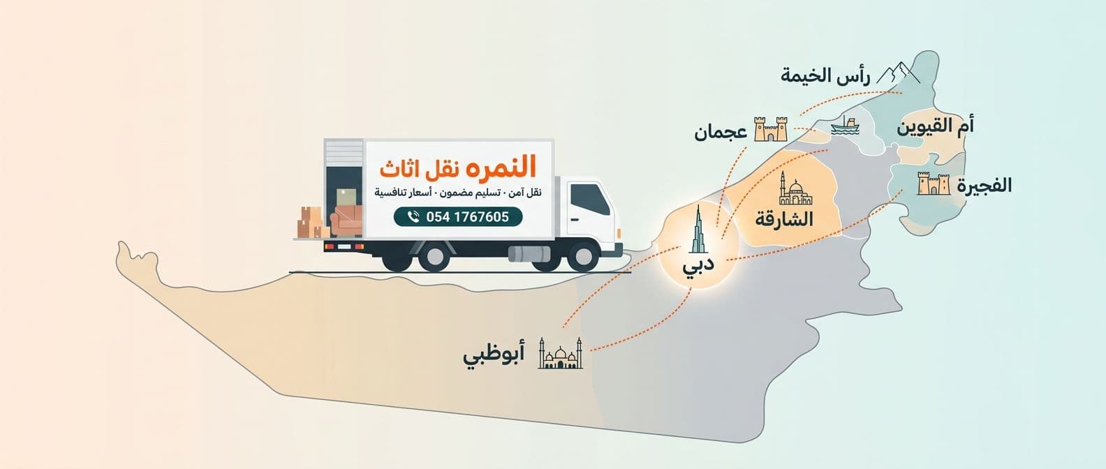 نقل أثاث في جميع الإمارات - خدمات النمره تغطي أبوظبي والشارقة وعجمان والعين ورأس الخيمة والفجيرة وأم القيوين