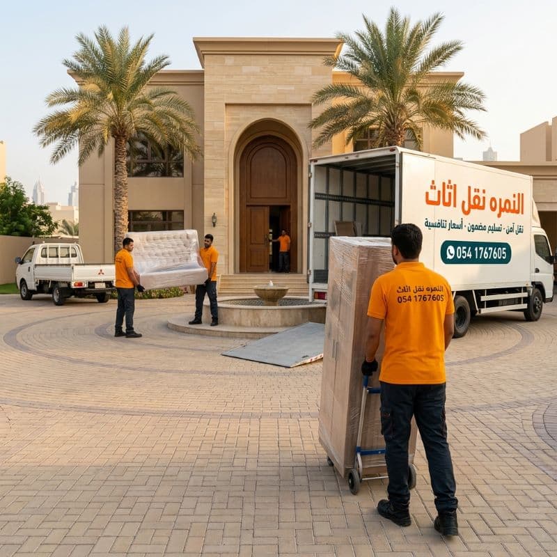 فريق شركة النمره نقل اثاث ينقل اثاث فيلا فاخرة في دبي بشاحنة كبيرة