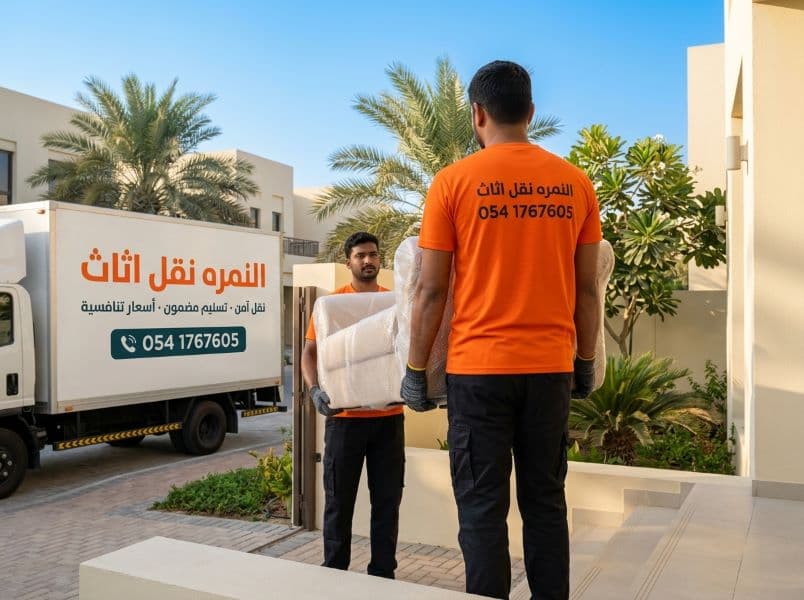 عمال شركة النمره نقل اثاث ينقلون أريكة من منزل في دبي مع شاحنة الشركة البيضاء في الخلفية - خدمة نقل اثاث المنزل في دبي