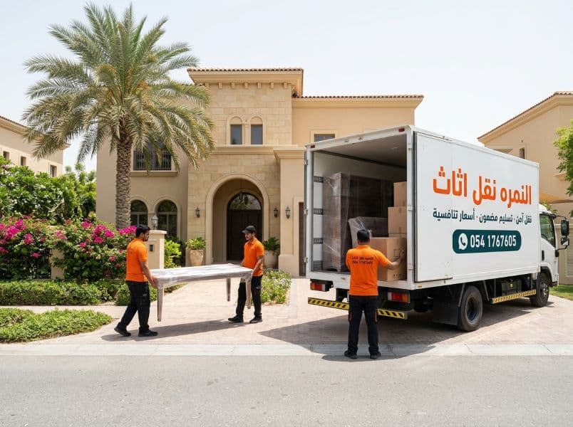 عملية نقل اثاث فيلا فاخرة في دبي بواسطة فريق وشاحنة شركة النمره نقل اثاث - خدمة نقل فلل احترافية